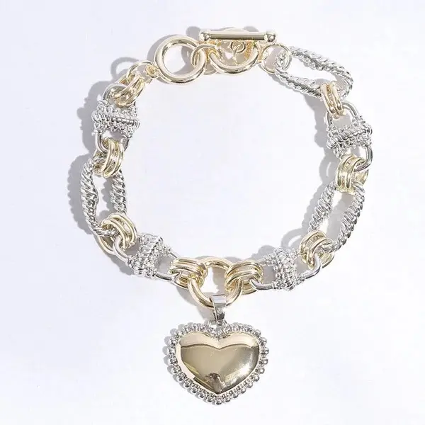 Gold Puffy Heart Charm Twisted Chain Bracelet, Braided Link Design Fashionable Bracelet, Everyday Fashion Costume Jewelry Accessory