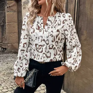 Khaki Leopard Print Split Neck Balloon Sleeve Blouse
