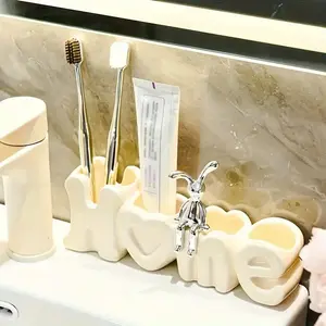 Ceramic Toothbrush Holder for Bathroom, Unique Countertop Organizer, Multifunctional Toothpaste Storage Rack, Stylish Home Decor, Home Goods