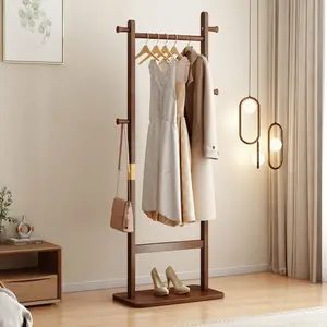 Solid Wood Coat Rack 64" Freestanding Hall Tree, Easy Assembly Entryway & Bedroom Clothes Hanger, Walnut