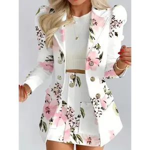 Women’s Floral Print Two-Piece Suit Set – Elegant Double-Breasted Blazer and Bodycon Skirt, Chic White Spandex Fitted Design