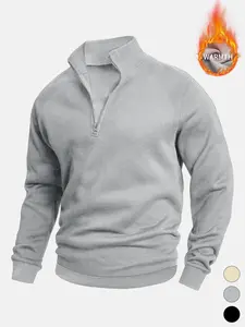 Men's Solid Color Zipper Half-Zip Fleece Sweatshirt, Casual Long Sleeve Stand Collar Pullover, Fall Winter Outdoor Hiking Sportswear, Athletic Top