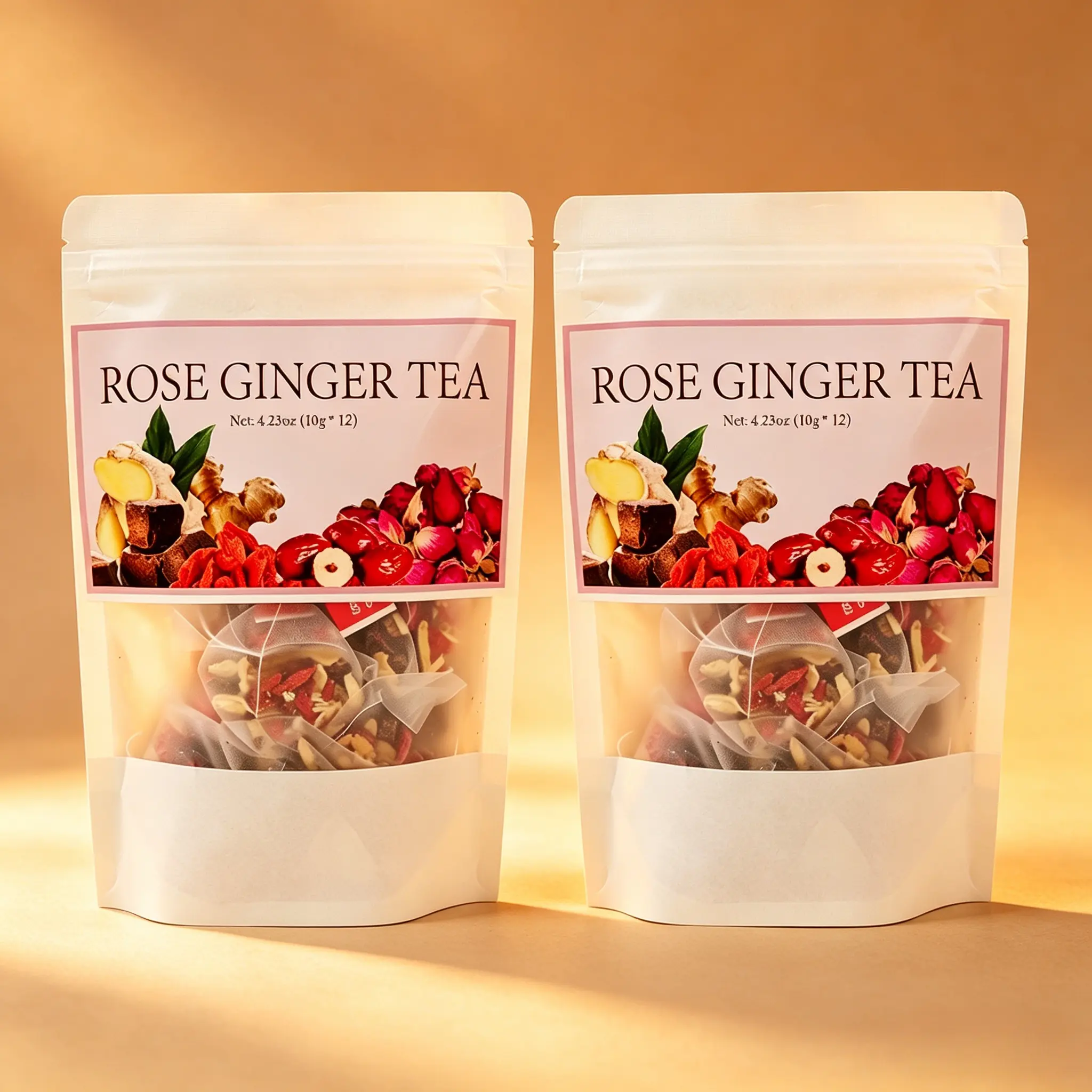 Swap Your Coffee for This, 24 Bags. Rose Ginger Tea with Red Ginseng, Brown Sugar, Goji Berry & Licorice. Naturally Warming and Caffeine Free. No Jitters, Just a Gentle Energy Lift from Traditional Herbs. Perfect for Afternoon.