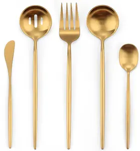 Matte  Serving Set 5- Stainless Steel Large Hostess Set with Round Edge, Satin Finished, Dishwasher Safe -Large Spoon, Large Fork,Butter KnifeSugar Spoon & Slotted Spoon