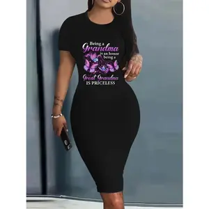 Women'S Summer Casual Bodycon Dress - Short Sleeve Round Neck with "Being a Grandma is a Great Honor" Print, Stretchy Polyester Blend, Knee-Length, Machine Washable, Comfortable Fit for Casual Attire, Grandma Dress