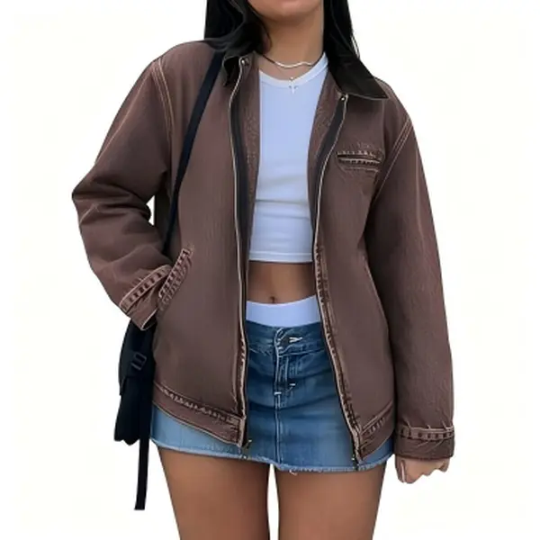 EMMIOL【Back to School】Barn Jean Jacket for Women Zipper 2026 Clean Fit Long Sleeve Denim Jackets