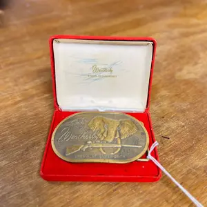 Vintage Solid Brass Belt Buckle Weatherby Symbol of Superiority