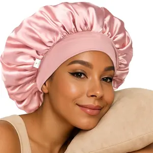 YANIBEST Satin Bathroom Accessory Bonnet for Sleeping Women Double Layer Hair Satin Bonnets with Elastic Band Sleep Cap Curly Natural Hair Shower Caps Green Pink,TikTokShopBlackFriday