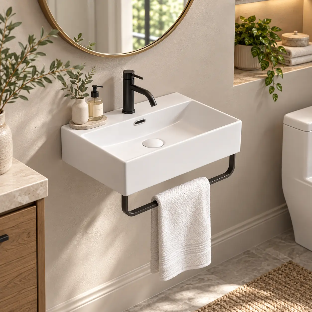 SAVEYOUR Stainproof White Ceramic Vessel Sink, 20.08"W x 14.18"D x 5.12"H Wall-Mounted with Towel Rack, 1.75" Drain Ready, Space-Saving Hang, Stain-Resist Shine, Minimalist Contemporary Design for Small Bathrooms, Standard Drain