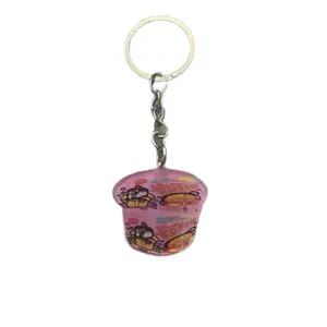 Buddock Ramen Keychain - Pink Decorative Design with Character Illustrations on Circular Shape