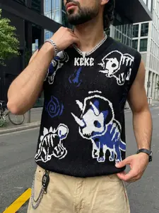 New Vintage Cartoon Dinosaur Print V Neck Sleeveless Knit Polyester Vest, Blue Colorblock Casual Streetwear, Comfortable Fashion Top, Man, Colorblock Vest Pullover