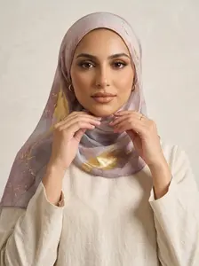 Elegant inkstone marble print chiffon headscarf, lightweight breathable Muslim women’s head covering scarf, watercolor gradient versatile everyday shawl for Ramadan and Eid