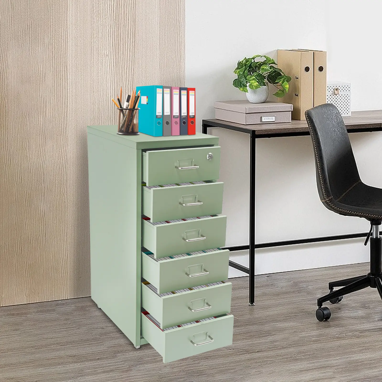 CNCEST 1 Vertical Lockable 6-Drawer Modern Filing Cabinet - Smooth Sliding Drawers, Mobile Rolling Wheels, Green Excellent Organizer, 17.64-22.05lbs Capacity, Letter Size, 2 Keys, Effortless Clean, Assembly Required, for Home Office Use