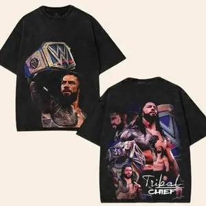 Roman Reigns WWE Champion & Universal Champion Oversized unisex acid wash Tee Tribal Streetwear for Fearless Urban Warriors 100% Cotton Crewneck T-Shirt Cotton Fabric Menswear Top Tshirt Tropical Shortsleeve shirt wwe fan wrestling Seamless Black