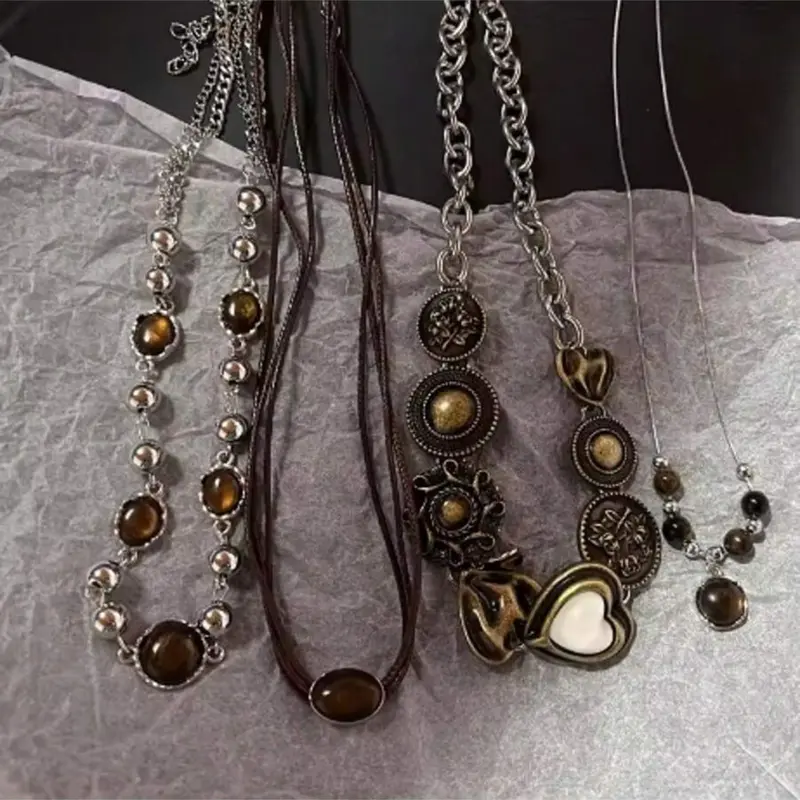 4pcs Vintage Tiger's Eye Pendant Necklace Set, Star Charm Braided Cord Chain, Layered Clavicle Necklaces, Unisex Jewelry, Party Accessories, Gift for Her