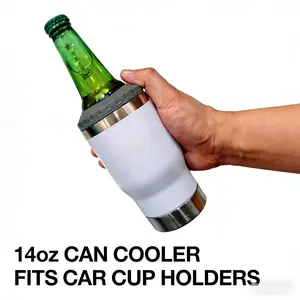 14oz Insulated Can Cooler with Bottle Opener, Car Cup Holder Friendly Beer Cooler for 12oz 14oz Cans