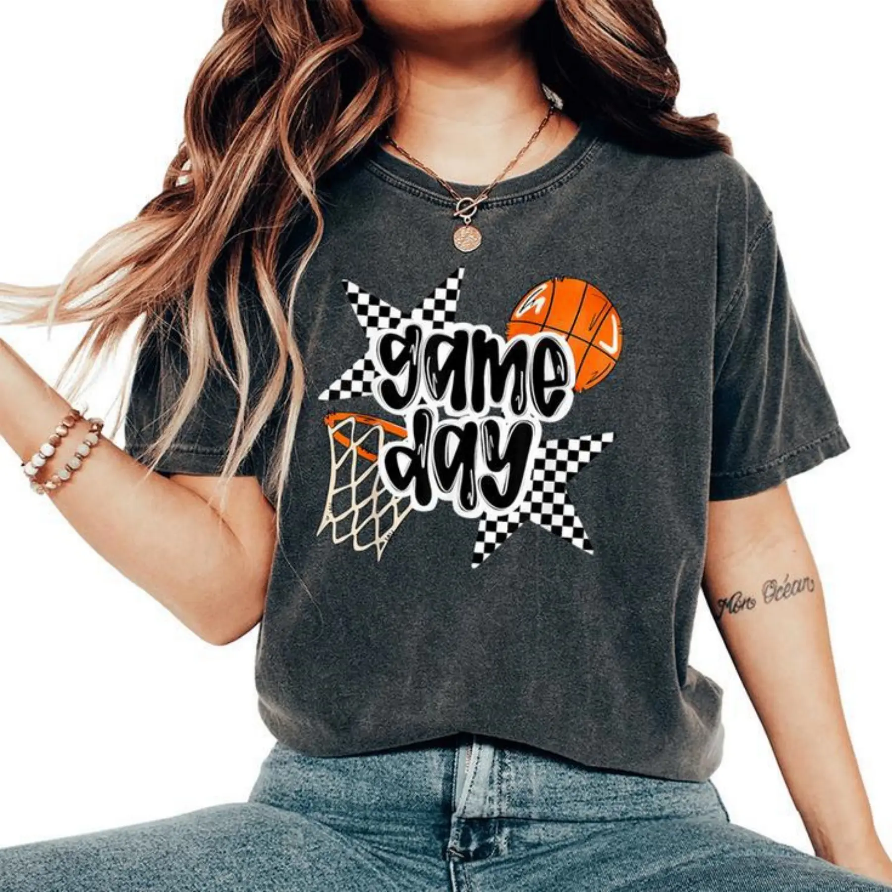 Women's Oversized Soft Cotton Short-Sleeve Minimalist Retro Game Day Basketball T-Shirt - Unisex Summer Top with Colorful Letters for Youth, Basketball Moms