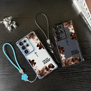 Premium Plating Edge Bible Verse Case With Hand Strap For Samsung Galaxy S25 S24 S23 S22 PLUS ULTRA FE iPhone 17Pro Max Air 16 15Plus 14 13 12 11 XR XS Aesthetic Cross Floral Case For Religious Women Daily Decor.