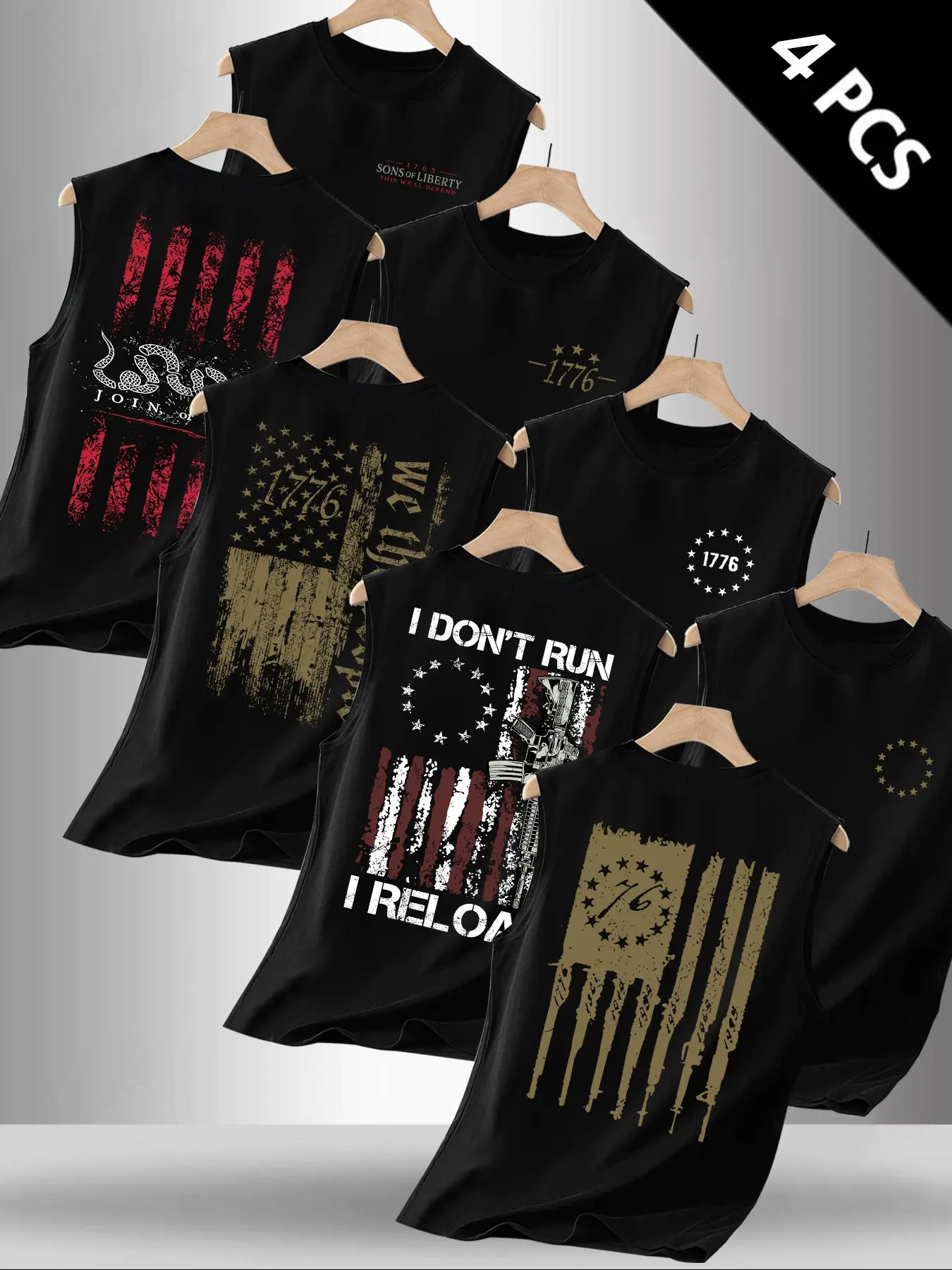 Men's 4 Pack Letter Flag Graphic Print Round Neck Sleeveless Fitted T-Shirt, Casual Comfortable Top for Summer Outdoor Sports Fitness Wear