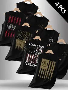 Men's 4 Pack Set Letter Flag Graphic Print Round Neck Sleeveless Fitted T-Shirt, Casual Comfortable Top for Summer Outdoor Fitness Sports Wear Menswear Athletic Shirt