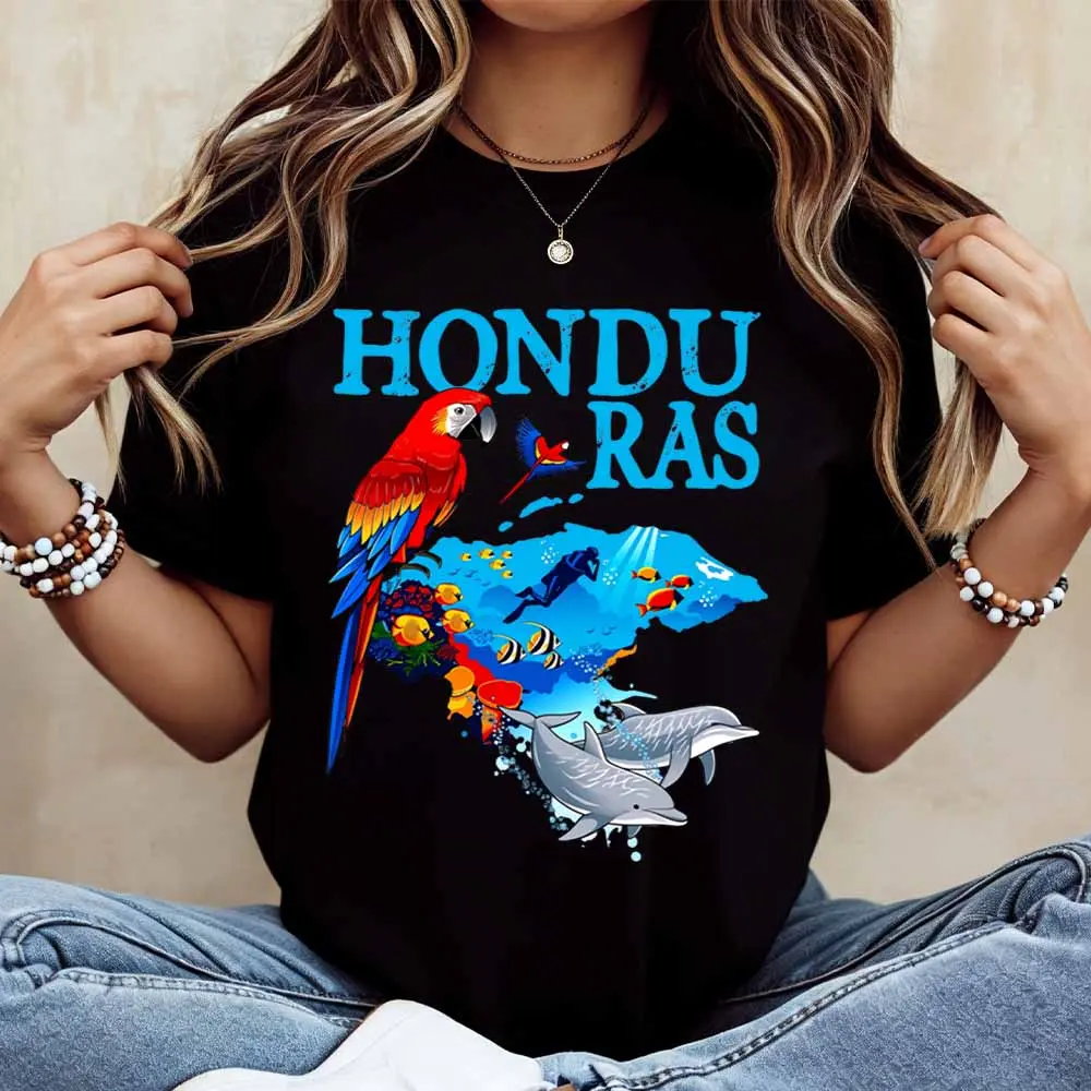 Honduras Map With Parrot Dolphin And Fish Print T Shirt Women Casual Short Sleeve Top Summer Beach Wear
