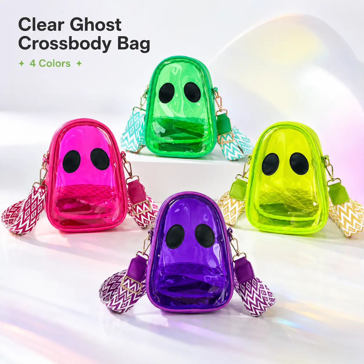 Clear Ghost Crossbody Bag, Transparent Jelly Stadium Style Purse with Wide Strap, Cute PVC Shoulder Bag for Concerts, Sports Events, Festivals, Halloween & Travel