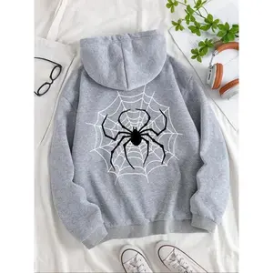 Women's spider print off shoulder hoodie, fashionable and cute? Casual drawstring pocket hooded sweatshirt, suitable for daily vacation outdoor wear, all season women's clothing