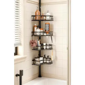 Corner Shower Caddy Tension Pole - 4-Tier Shower Corner Shelf for Bathtub Bathroom Shower Organizer - Adjustable 34in-120in, Space Saving Bathtub Accessory Shelves, Black