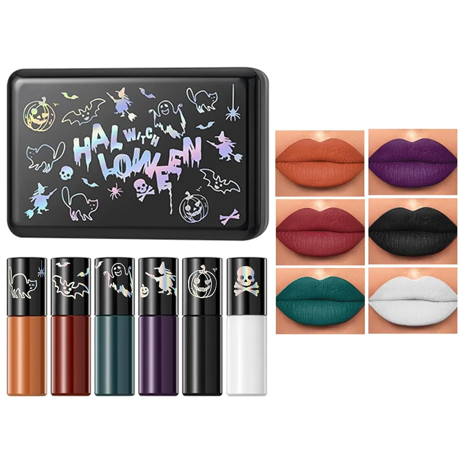 Women's Matte Liquid Lipstick Set - Gothic Halloween Cosplay Makeup, Waterproof Long-Lasting Lip Stain, Non-Stick Cup Lip Gloss with Black, White, Green, Purple, Red, Orange Shades