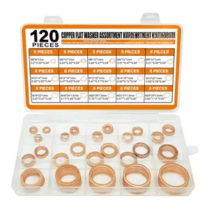 Copper Washers Assortment Kit, Crush Flat Washers for Oil Plugs, Drain Plugs, Banjo , Copper Sealing Washer Set with 15 Metric Sizes - 120 count- M5, M6, M8, M10, M12, M14, M18, M20, M22, M24