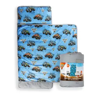 Jay Franco Toddler Nap Mat with Built-in Pillow and Blanket - Soft 46 x 20-inch Microfiber Kids Sleeping Bag for School or Sleepover, Blue - Monster Jam