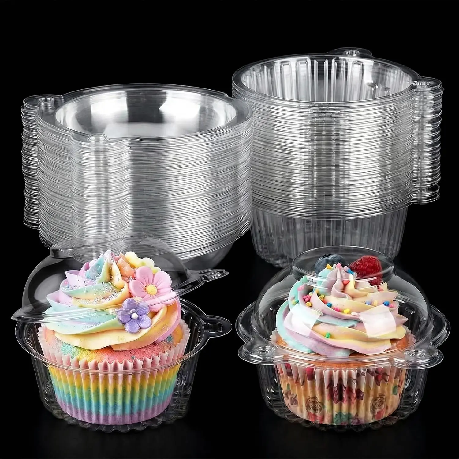 50-Pack Individual Plastic Cupcake Containers with Lids, Stackable Bakeware for Baking Utensils Storage