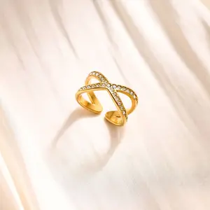 18K Gold Plated Diamond Open Cross Ring for Girl Women – Non-Tarnish Titanium Steel, Ideal Romantic Valentine’s Day Gift