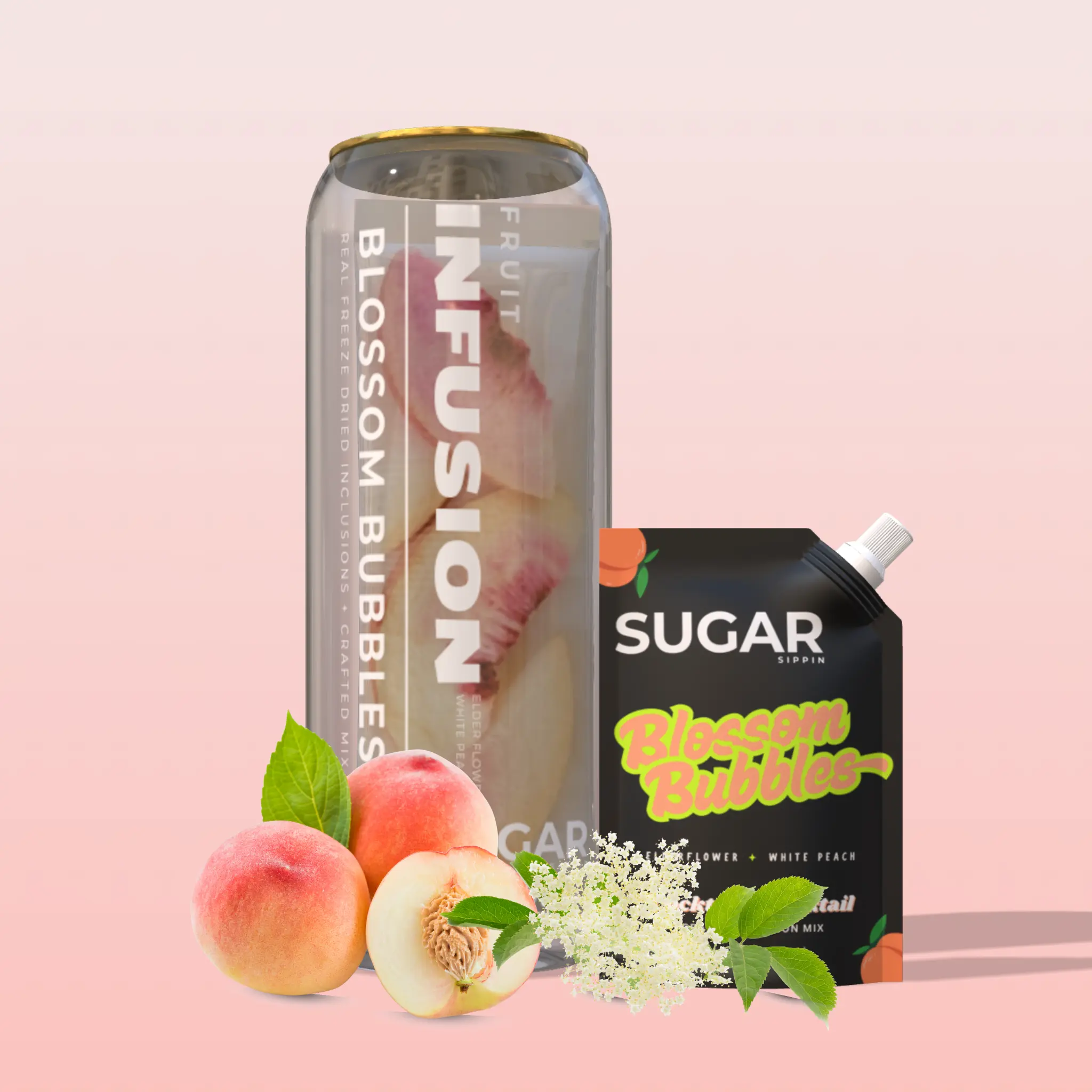 Blossom Bubbles – Drink Kit with Premium White Peach & Elderflower Fruit Syrup Mix + Freeze Dried Fruits + Reusable Can (330ml) for Cocktails or Mocktails