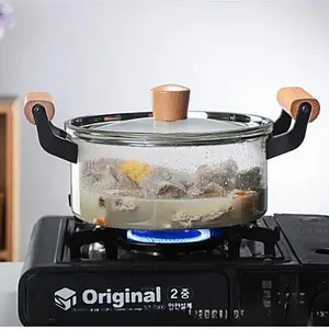 Heat-Resistant Glass Pot Set, Rice Cooker, Open Flame Glass Soup Pot, High Borosilicate Glass with Wooden Handle, 20cm with Lid, Home Use Cookware