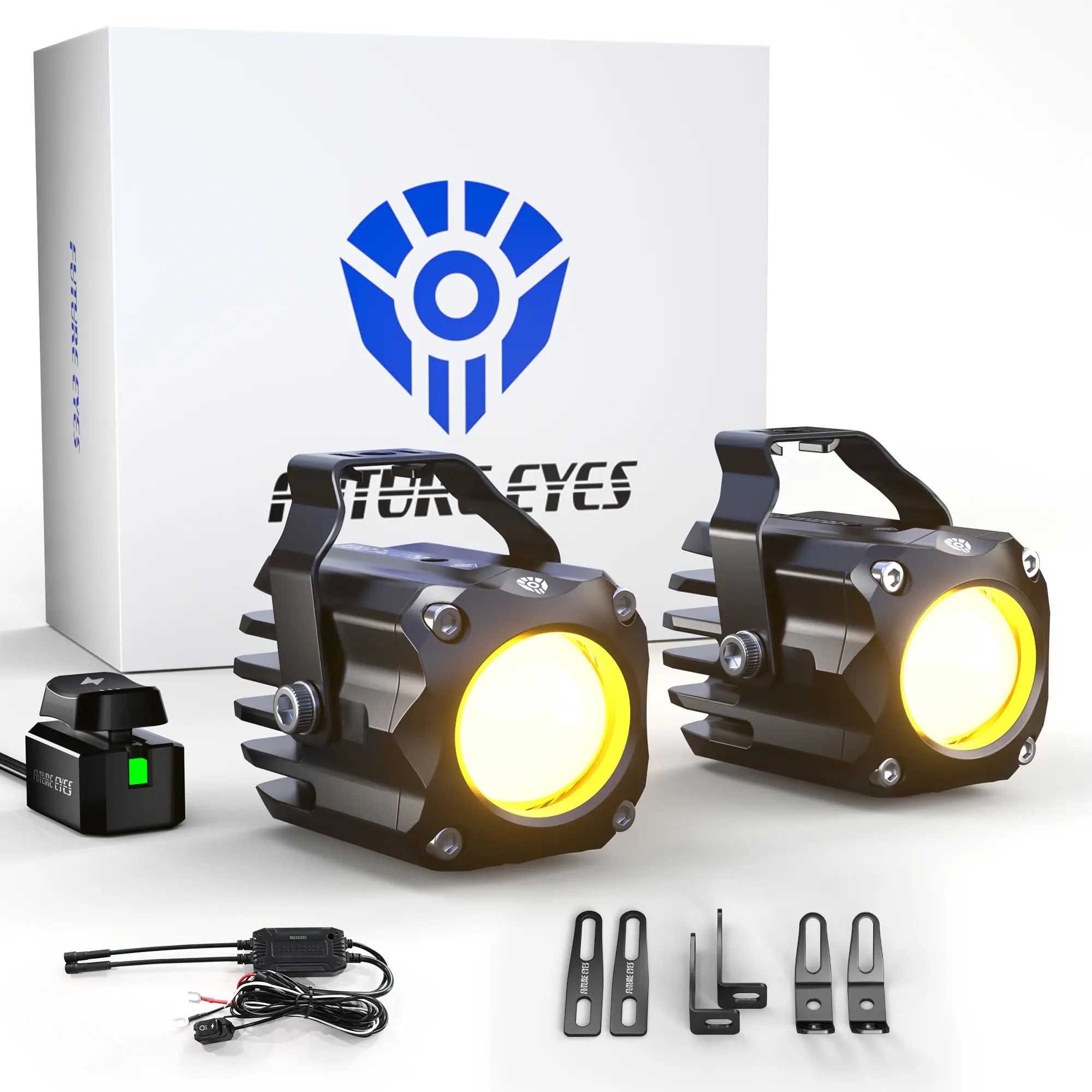 Future Eyes Motorcycle Fog Lights LED Kit, 60W White/Amber Driving Lights with High/Low Beam, CNC Aluminum Waterproof Auxiliary Light, Spot Headlight for Night Riding Vehicle