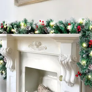 9FT Christmas Garland with Lights, Timer Artificial Lighted Garland Indoor for Stairs, Fireplace, 50 Lights Green Garland, Christmas Decoration with Cones & Red Berries & Pine