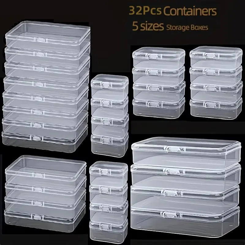 32-Set Multi-Size Lidded Rectangular Transparent Plastic Storage Boxes with Latch & Dustproof Cover, All Purpose Home Organizer for Crafters, Kitchen Pantry Small Items Storage Solution