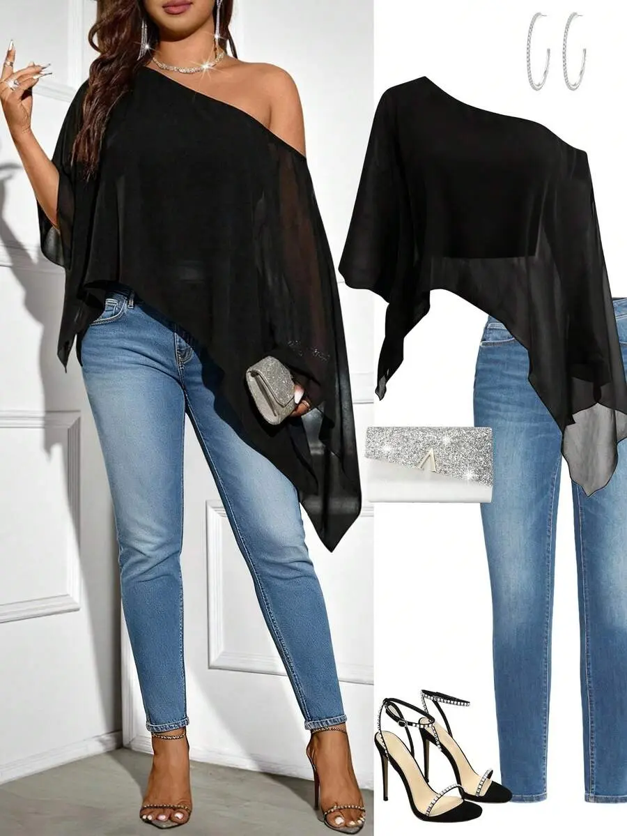 Plus Size Fashion Solid Color Asymmetric Shoulder Blouse- back to school outfit- back to school outfit