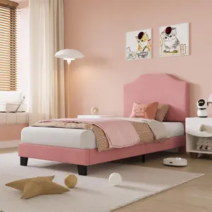 Garvee Twin Bed Frame for Teens with Corduroy Headboard, Sturdy Wood Slat Support, Velvet Fabric, Non-Slip, No Noise or Odor, Easy Assembly, Suitable for Boys and Girls, Pink