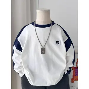 Boys' Korean Style Oversized Loose-Fit T-Shirt - Color-Block Long Sleeve Round Neck Top with Label Suitable for School, Outdoor & Layering, Breathable Skin-Friendly Shirt for, Machine Washable Spring/Autumn Wear (4-10 Years)