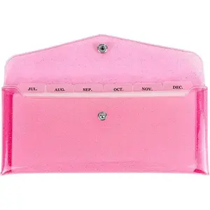 Reusable Pink Glitter PVC Cash Envelope Wallet Set with 6pcs Divider Pockets and 2pcs Tab Stickers, Money Bag Pouch Organizer for Budgeting Bill Receipt Coupons