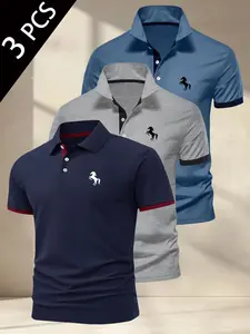 Men's Casual Short Sleeve Shirt Set, Geometric Print Polo Shirts, Fitted Golf Casual Style Ball Clothing, Outdoor Sports Wear, Three-Piece Suit