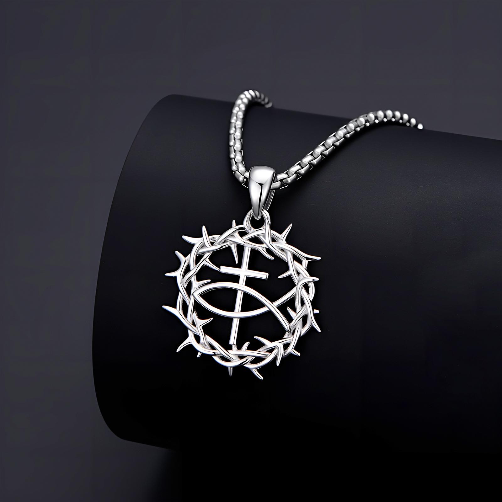 MEIDERBO Dream Chaser Crown of Thorns Necklace for Men 925 Sterling Silver Oxidized Cross Pendant Stainless Steel Chain 22+2 Inch Adjustable Christian Jewelry MEIDERBO Dream Chaser Crown of Thorns Necklace for Men 925 Sterling Silver Oxidized Cross Pendant Stainless Steel Chain 22+2 Inch Adjustable Christian Jewelry