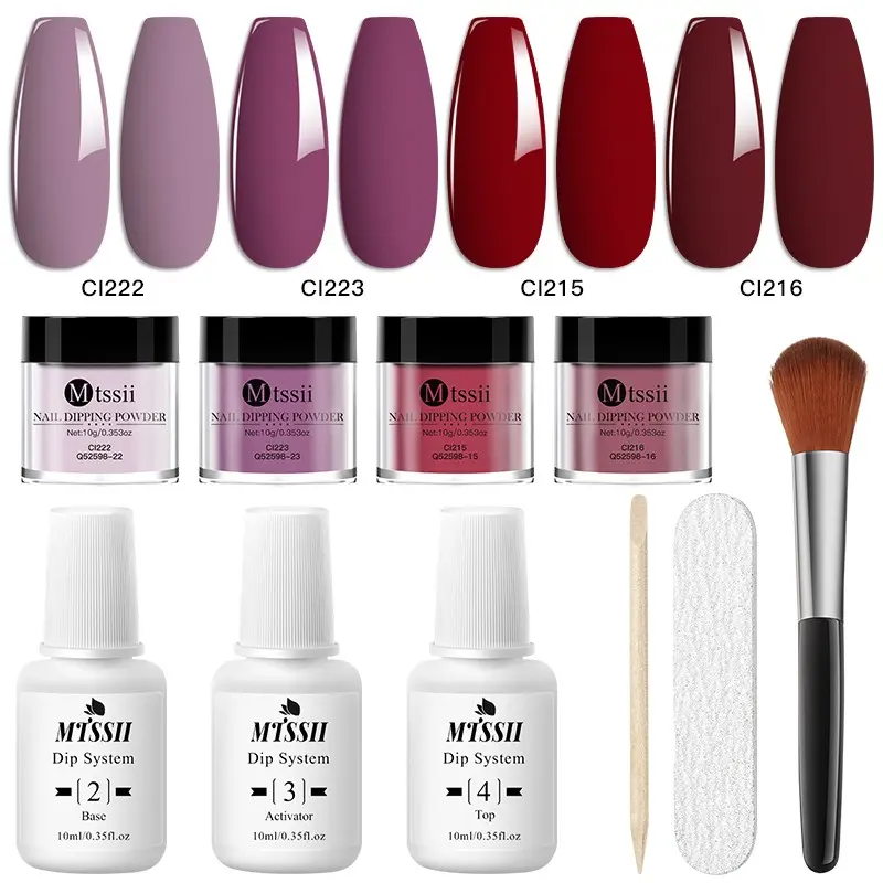 MTSSII 10pcs Dip Powder Nail Kit Starter, Salon Quality Nude Brown Glitter Acrylic Dipping Powder System Liquid Set With Rubbing Strip and Brush For Nail Care Nail Art Manicure Salon DIY Beginner Extension Kit, No Need UV Lamp