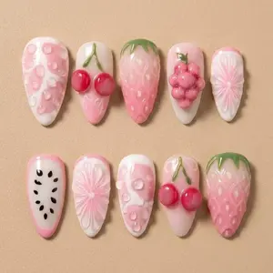 3D Fruit Cherry Strawberry Watermelon, Pink White Pastel Summer Press On Nails