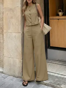 Women's Solid Color Basic Set, Round Neck Sleeveless Button Front Vest, Loose Fit Straight Leg Pants, Casual Daily Commute Womenswear
