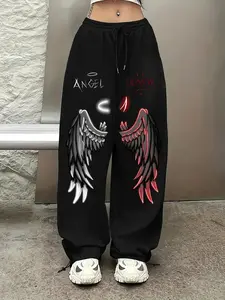 Women's Devil Angel Print Wide Leg Pants, Casual Fitted Athletic Joggers, Tracksuit Pants, Comfortable Winter Wear, Soft and Durable Fabric