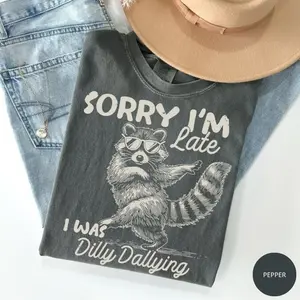 Comfort Colors Funny Raccoon Sorry I'm Late I Was Dilly Dallying T-Shirt, Sarcastic Humor Tee, Cute Trash Panda Graphic Shirt, Trendy Meme Gift