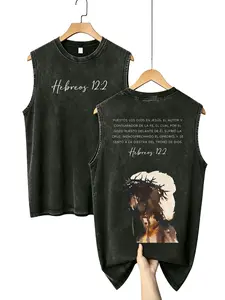 Men's Vintage Washed Spanish Christian Cotton Tank Top - Hebreos 12:2 "Fix Your Eyes On Jesus" Print, Menswear, Relaxed-Oversized Fit, Soft Sleeveless Vest Clothes Album Graphic Grunge
